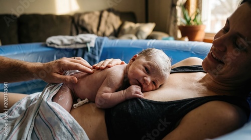 Newborn baby resting on mother's chest after water birth