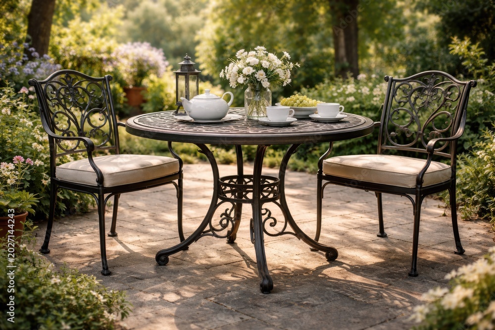Fototapeta premium Round wrought iron table with classic design ideal for garden dining and relaxed outdoor cafe atmospheres