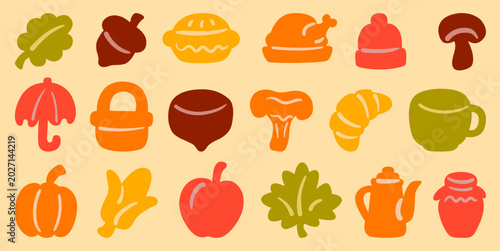 Set of colorful autumn silhouette icons including leaf, acorn, pie, turkey, hat, umbrella, cup, pumpkin, and mushroom on beige background