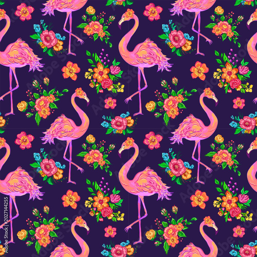 Tropical summer seamless pattern with flamingo and exotic flowers. Tropical paradise background
