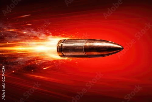 Sharp image of a bullet speeding past a bright red backdrop including copy space