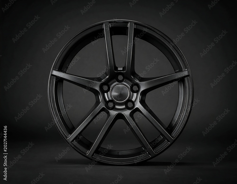 Obraz premium Sleek, dark automotive wheel with five distinct spokes, starkly contrasted