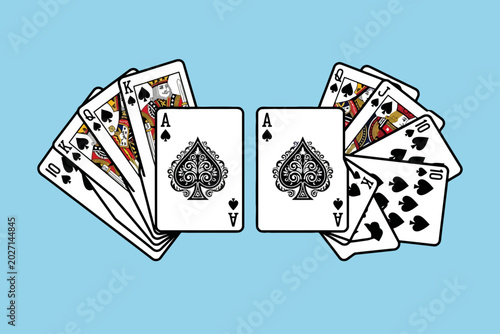 Ace of Spades and royal flush fanned cards on blue background