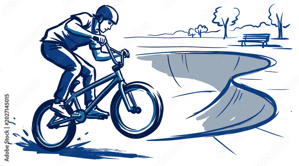 Fototapeta premium BMX rider performing stunts at a skatepark bowl. Blue sketch illustration of urban extreme sports. Active lifestyle vector graphic design.