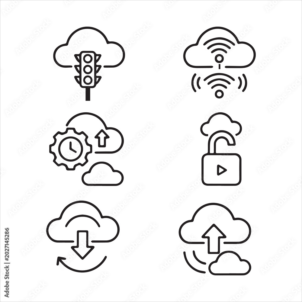 Fototapeta premium Cloud network icons set with traffic light time lock download and upload