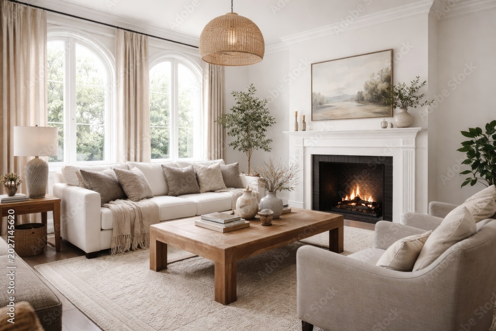 Fototapeta premium Stylish living room setting with crisp white walls and a cozy fireplace digital mockup