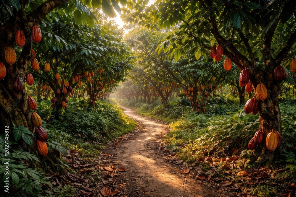 Fototapeta premium Winding path through lush cocoa plantation with vibrant ripe pods