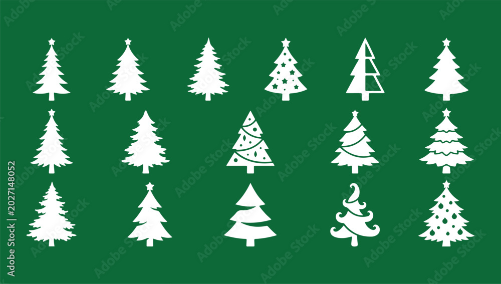 Obraz premium Vector New Year set with christmas trees. Evergreen trees with balls, stars and garlands. Fir trees