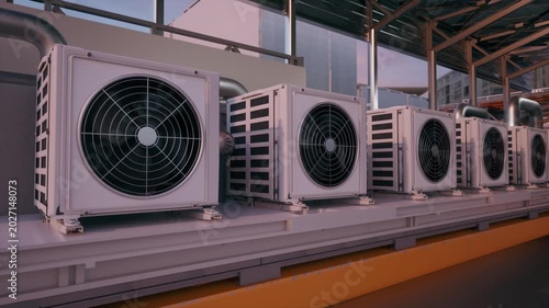 Long row of white outdoor HVAC air conditioner condenser units at an industrial facility. Perfect for HVAC, cooling, ventilation, climate control, air conditioning, and energy content.