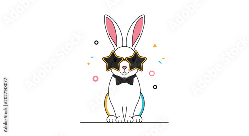 Playful illustration of a cool white rabbit wearing star-shaped glasses and a black bowtie among colorful abstract shapes.