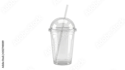 Clear plastic takeaway cup with straw isolated on transparent background