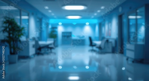 Blurred medical office backdrop with soft blue lighting and modern healthcare environment