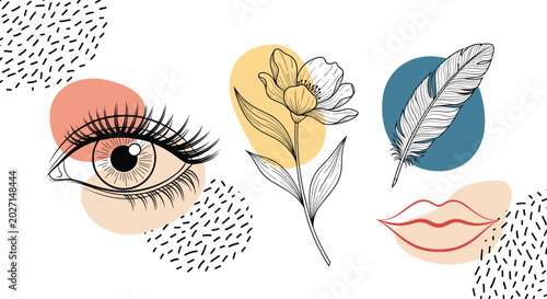 Artistic collage composition featuring hand drawn human eye flower feather and lips over abstract pastel shapes on white.