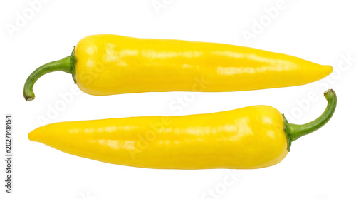 Fresh yellow hot peppers with green stems on transparent background for cooking projects