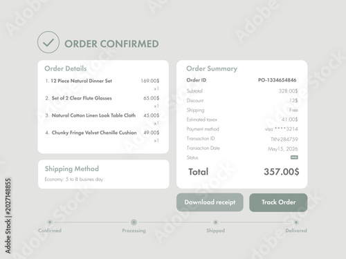Light Mode Order Confirmation Interface for Tablet or Laptop