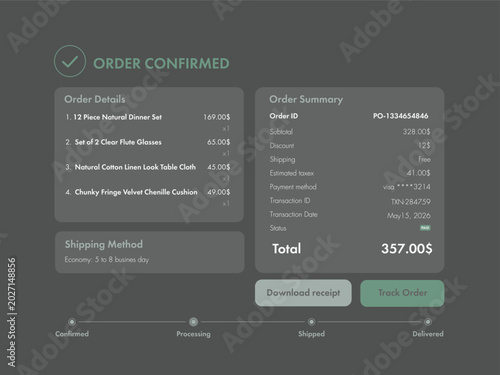 Dark Mode Order Confirmation Interface for Tablet or Laptop