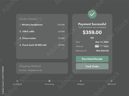 Dark Mode Payment Successful Interface for Tablet or Laptop