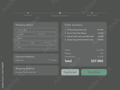 Dark Mode Order Placement Interface for Tablet or Laptop
