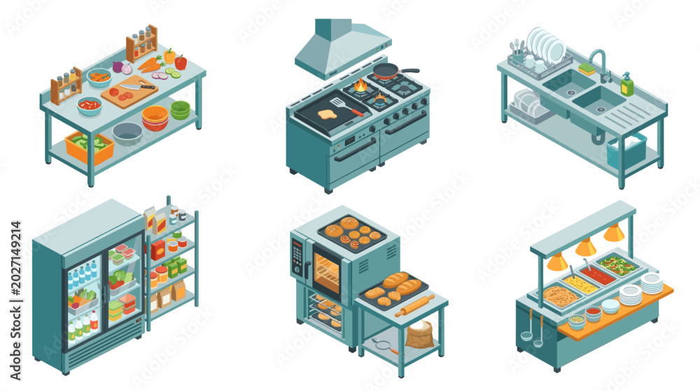 Fototapeta premium Professional Restaurant Kitchen and Chef Cooking Workflow Isometric Vector Illustration Set