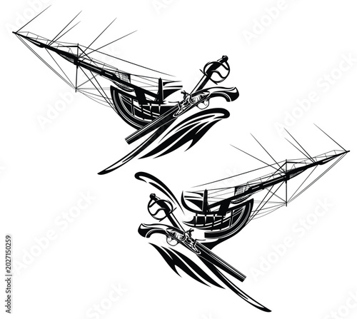 Obraz na płótnie antique sail ship profile view bow with sabre sword and pistol over sea wave - a