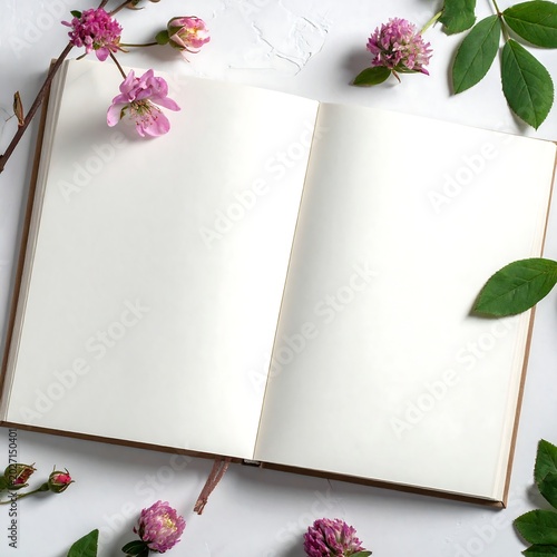 Open notebook with flowers and leaves on white surface