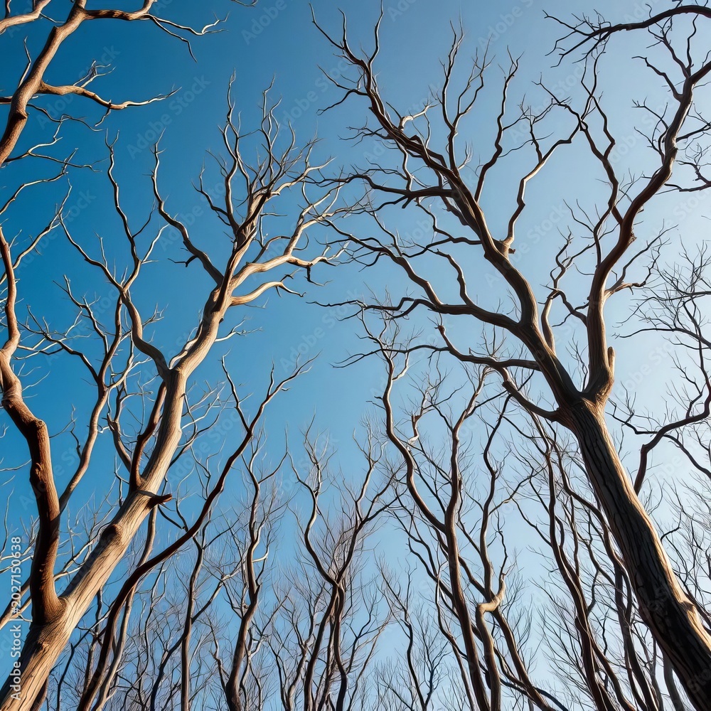 Naklejka premium Dry branches stretching to the sky like skeletal fingers, white background, minimalist illustration