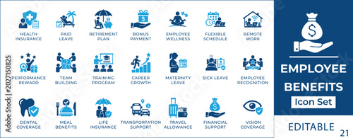 Tableau sur toile Employee benefits icon set featuring healthcare coverage, retirement planning, dental care, vacation perks, corporate rewards, maternity leave, and workplace wellness symbols