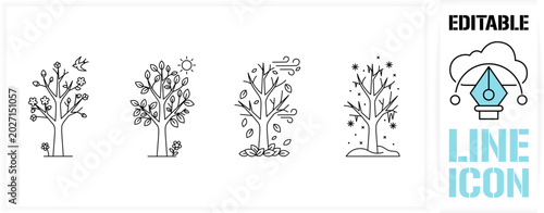 Editable line icon set in a black simple and clean vector outline stroke for four seasons cycle, spring blooming tree, summer sunny day, autumn falling leaves wind and winter snow weather concept.