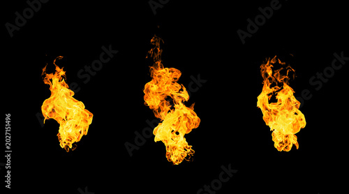 Foto Collection of realistic fire flames isolated on black background, perfect for digital art, design and visual effects