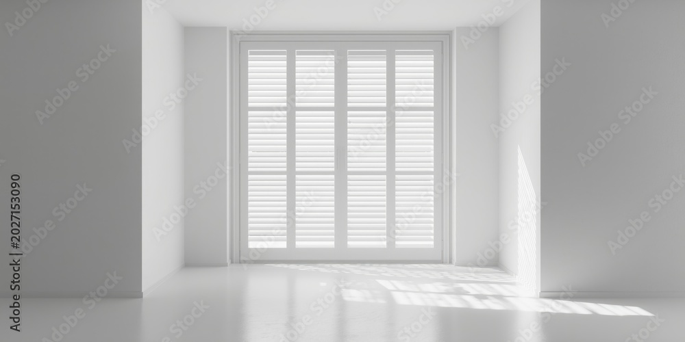 Fototapeta premium Clear backdrop display of white louver blinds and jalousie curtains for offices and homes