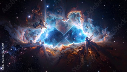 Nebula with geometric shape, starry backdrop