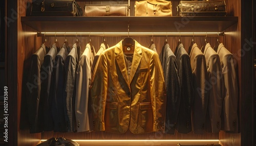 Illuminated closet with a stand-out golden jacket amongst dark suits and storage