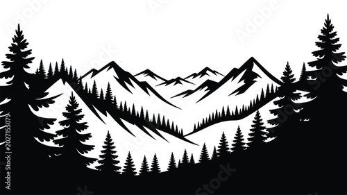 Foto Black silhouette of mountain range with pine trees mountain mountains silhouette