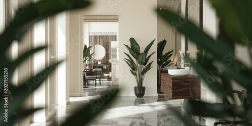 Clean modern beauty salon featuring a polished wood counter, elegant washbasin, and ornamental plants seen from an off-center angle