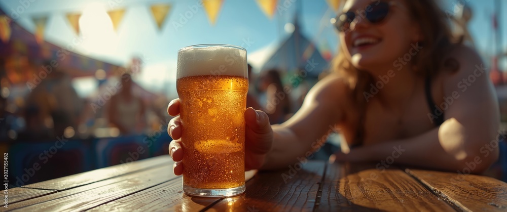 Obraz premium Chilled beer enjoyed at a vibrant festival offering extensive copy space