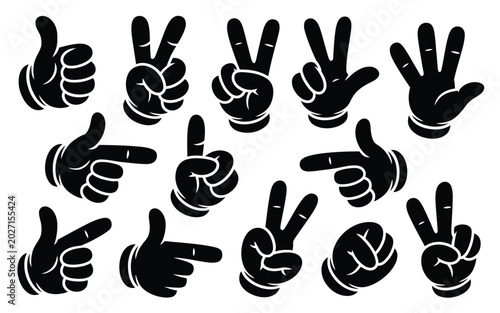 Set of black silhouette hand gestures icon pack with thumb up silhouette illustration communication pointing thumb
