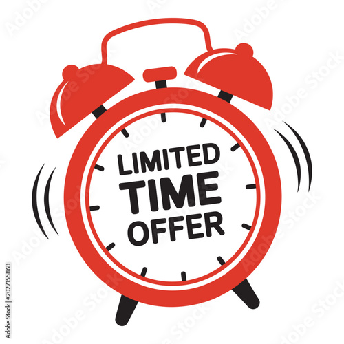 Slika na platnu Limited Time Offer Text, red and black alarm clock vector isolated white backgro