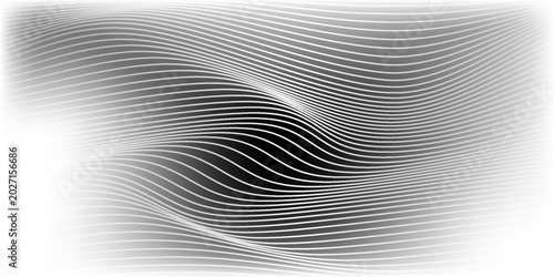 Wave lines abstract background, black thin wavy stripes with movement optical effect. Minimalistic drawing, graphic curves flow. Modern vector illustration isolated on white.