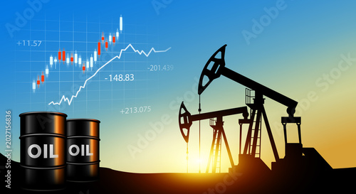 Photos Oil barrels stand against the background of pump jack silhouettes with a stock