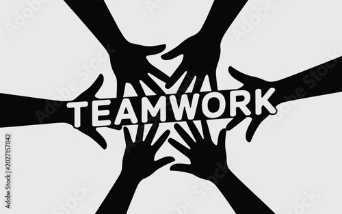 Fotografia Teamwork concept with diverse hands joining over the word teamwork collaboration