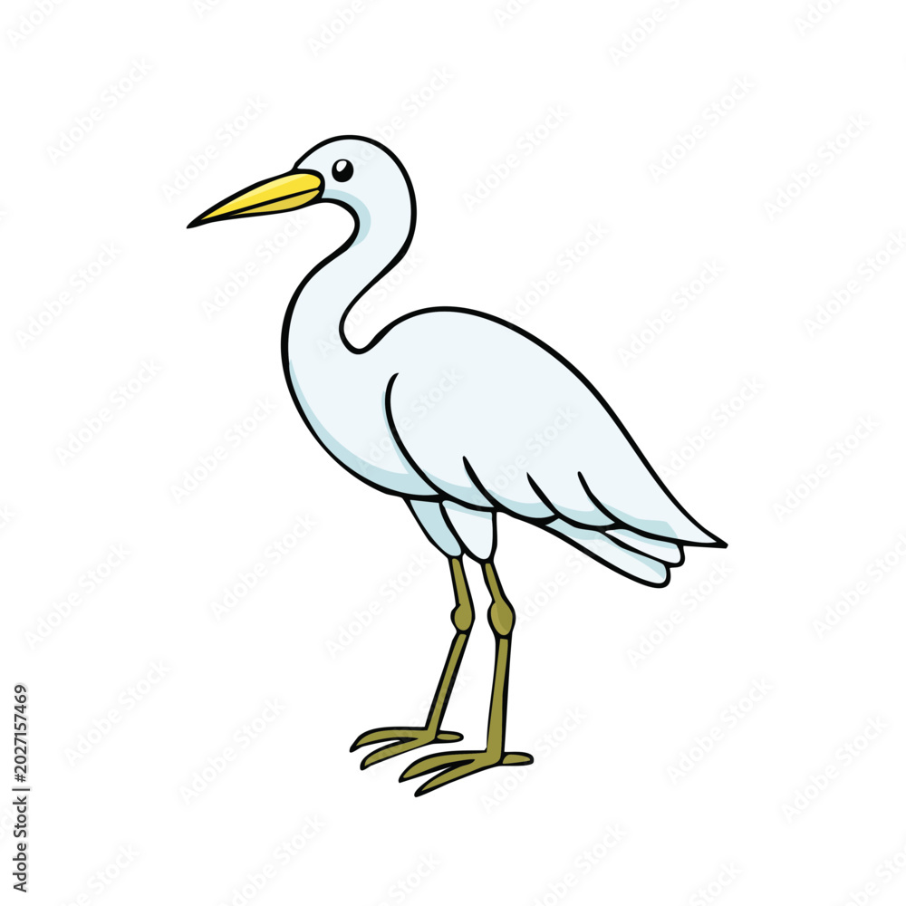 Fototapeta premium Graceful white heron standing in profile with elegant long neck and yellow beak