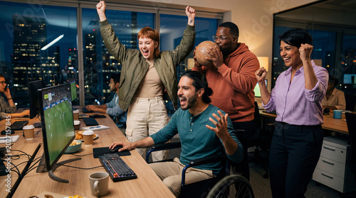 Diverse colleagues cheering and rising arms while celebrating watching a football match on a computer screen in the office at night, with coworker kissing a soccer ball
