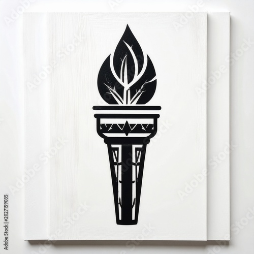 Minimalist Black Tiki Torch Icon with Flame in Line Art Style on White Background