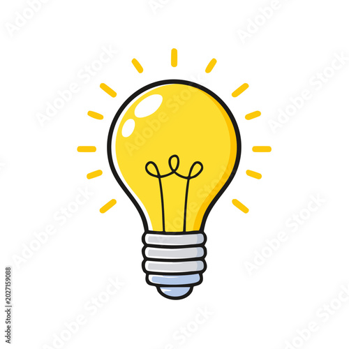 Bright yellow light bulb glows with radiating light beams symbolizing innovation and new ideas