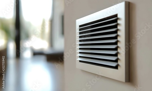 Modern silver air conditioning ventilation vent on white wall surface in bright cozy house.