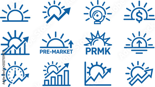 Billede på lærred Stock market icons set sunrise with financial growth and trading symbols