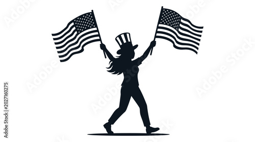 Fotografie Woman waving american flags with uncle sam hat silhouette