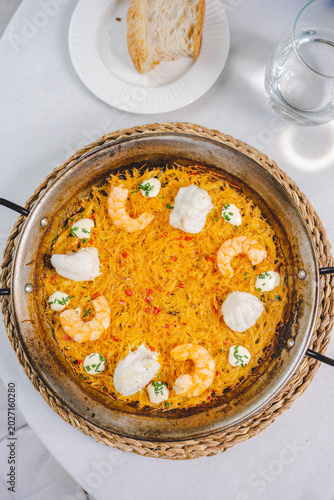 Seafood Fideua with Prawns and Fish Served in Traditional Pan