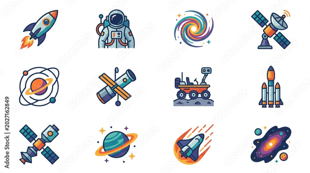 Fototapeta premium Collection of Space Exploration Icons and Illustrations.