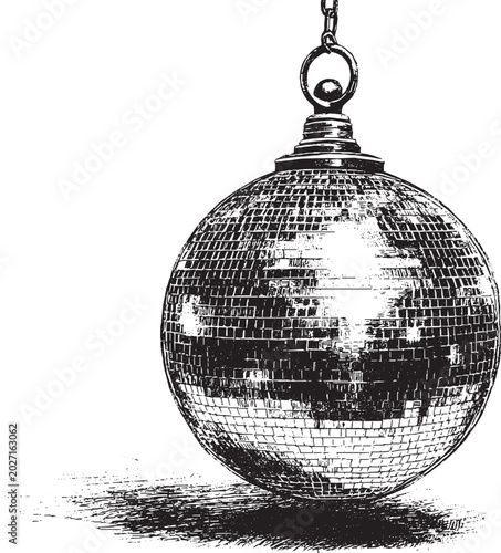 An illustration with a classic 70s dance aesthetic, featuring a shimmering disco ball hanging from a hook.